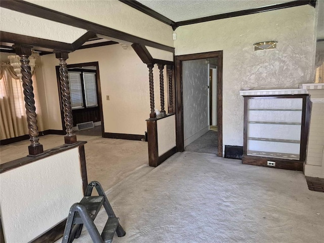 4300 N Butler Pl, Oklahoma City, OK 73118 - unfurnished living room featuring a textured ceiling, a textured wall, carpet floors, and crown molding