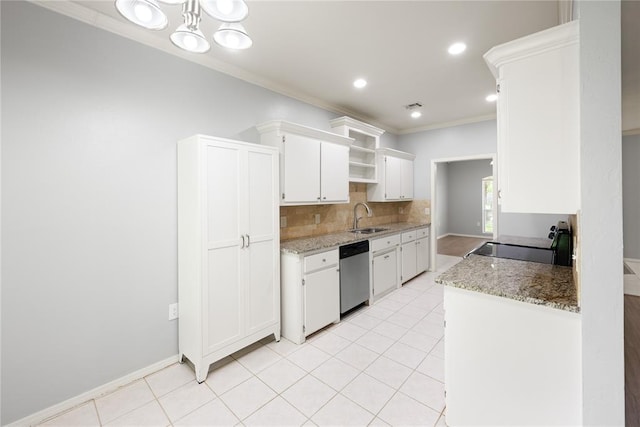 544 NW 172nd Pl Unit 8015998877, Edmond, OK 73012 - kitchen with stainless steel dishwasher, ornamental molding, range, white cabinetry, and backsplash