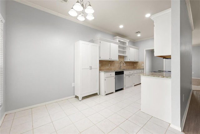 544 NW 172nd Pl Unit 8015998877, Edmond, OK 73012 - kitchen with stainless steel dishwasher, ornamental molding, open shelves, white cabinetry, and backsplash
