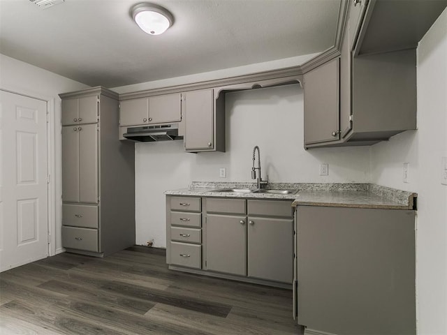 1513 Rancho Dr, Oklahoma City, OK 73119 - kitchen featuring gray cabinetry, under cabinet range hood, and dark wood-style floors