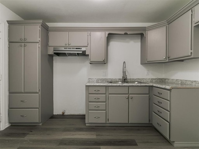 1513 Rancho Dr, Oklahoma City, OK 73119 - kitchen featuring under cabinet range hood, gray cabinetry, dark wood-style flooring, and light countertops