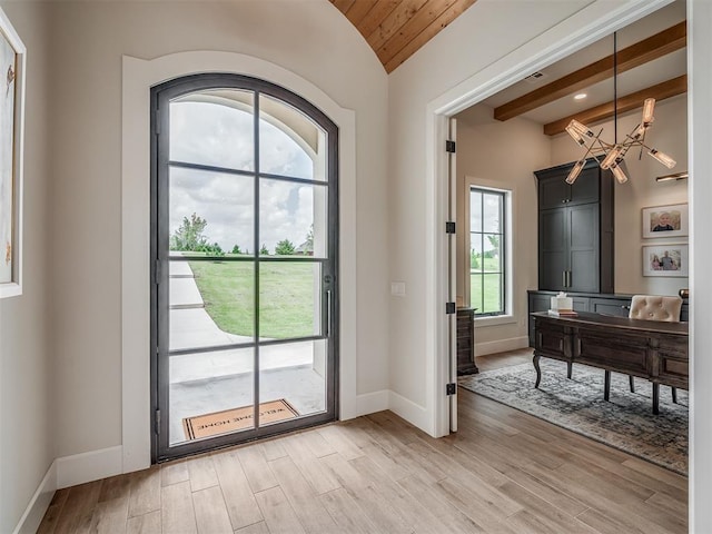 19890 Hickory Ridge Rd, Arcadia, OK 73007 - doorway to outside with light wood-style floors and lofted ceiling