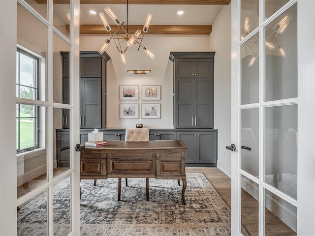 19890 Hickory Ridge Rd, Arcadia, OK 73007 - office featuring light wood-type flooring, beamed ceiling, french doors, and recessed lighting