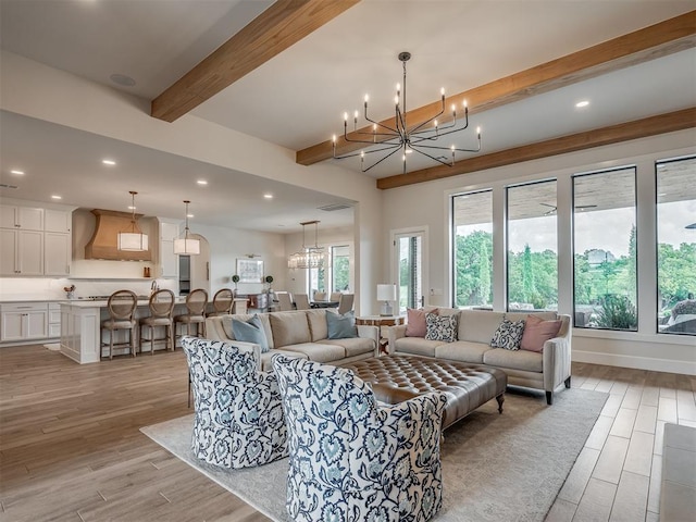 19890 Hickory Ridge Rd, Arcadia, OK 73007 - living area featuring beam ceiling, a chandelier, light wood finished floors, and recessed lighting