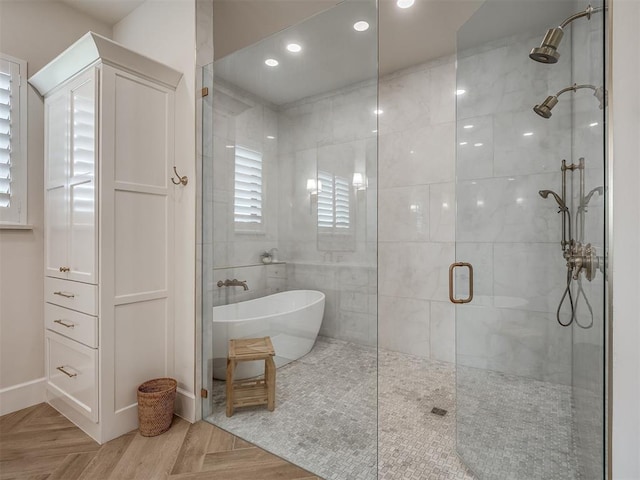 19890 Hickory Ridge Rd, Arcadia, OK 73007 - full bathroom with a stall shower, a soaking tub, and recessed lighting