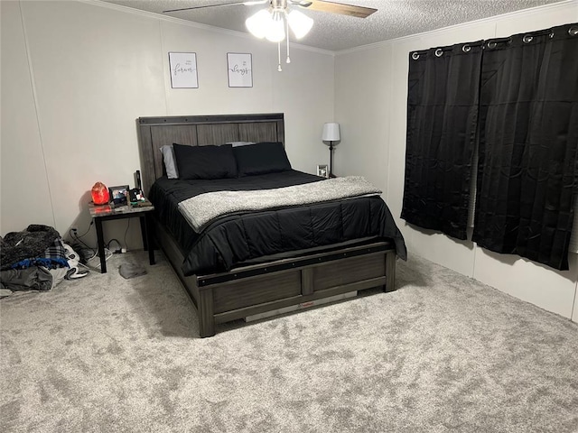 4620 SE 119th St, Oklahoma City, OK 73165 - carpeted bedroom with a textured ceiling, crown molding, and ceiling fan