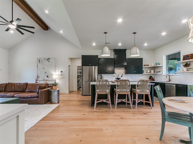 11275 S Henney Rd, Meridian, OK 73058 - dining area featuring beamed ceiling, ceiling fan, light wood-style flooring, recessed lighting, and high vaulted ceiling