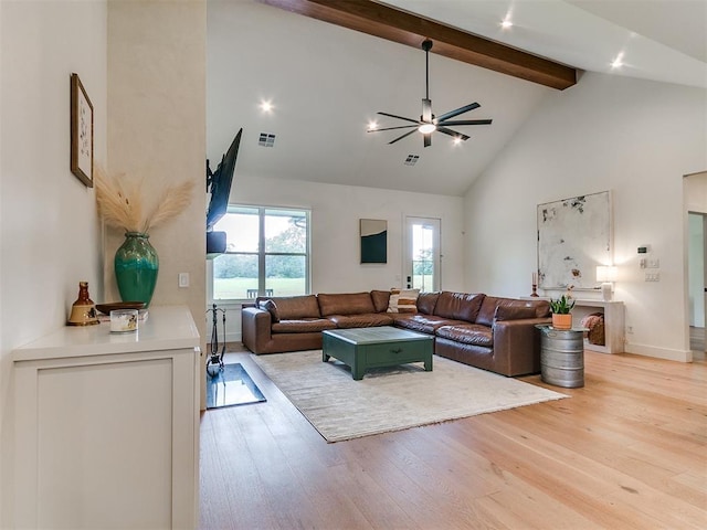 11275 S Henney Rd, Meridian, OK 73058 - living area with high vaulted ceiling, beam ceiling, a ceiling fan, and light wood finished floors