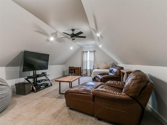 11275 S Henney Rd, Meridian, OK 73058 - carpeted living area with vaulted ceiling and a ceiling fan