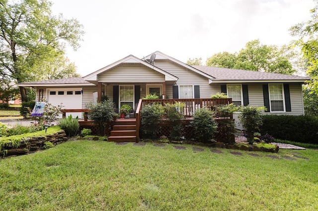 207 S Mcclure Ave, Pauls Valley, OK 73075 - ranch-style house featuring an attached garage, a front lawn, covered porch, and a shingled roof