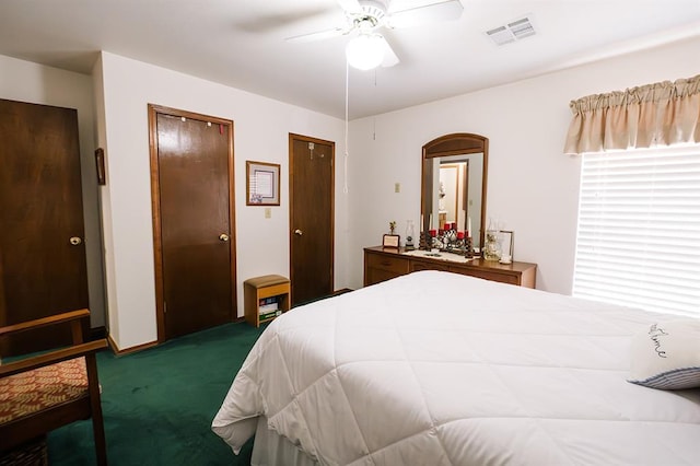207 S Mcclure Ave, Pauls Valley, OK 73075 - bedroom with carpet floors, two closets, and a ceiling fan