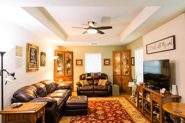 207 S Mcclure Ave, Pauls Valley, OK 73075 - living area featuring a ceiling fan, a raised ceiling, and light wood-style floors