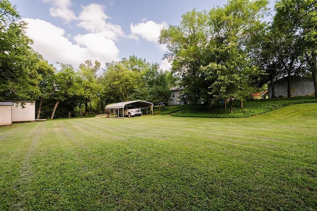207 S Mcclure Ave, Pauls Valley, OK 73075 - view of grassy yard featuring a carport and a storage shed