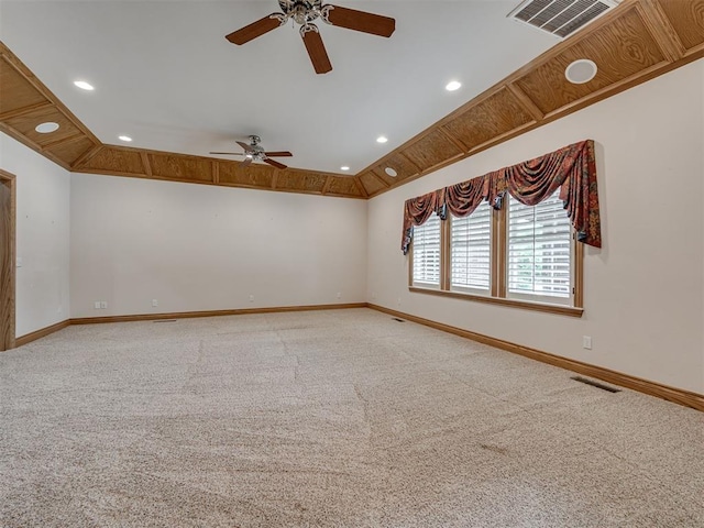 1602 N Davis Ave, Oklahoma City, OK 73127 - empty room featuring a ceiling fan, light colored carpet, recessed lighting, and lofted ceiling