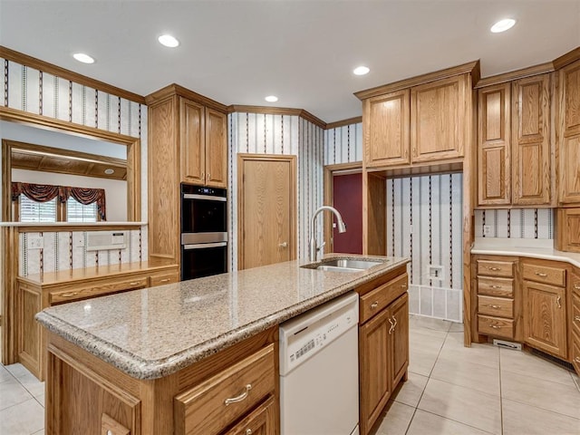 1602 N Davis Ave, Oklahoma City, OK 73127 - kitchen featuring white dishwasher, stainless steel double oven, light tile patterned floors, light stone counters, and brown cabinetry