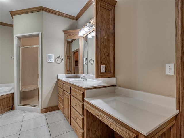 1602 N Davis Ave, Oklahoma City, OK 73127 - bathroom featuring vanity, ornamental molding, a stall shower, tile patterned floors, and a bath