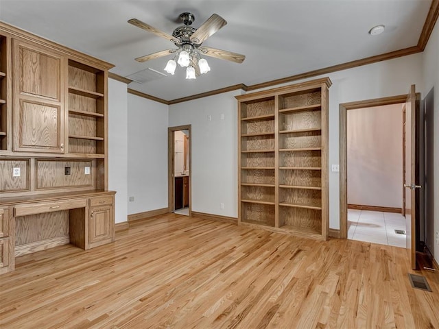 1602 N Davis Ave, Oklahoma City, OK 73127 - unfurnished office featuring crown molding, light wood-style flooring, and ceiling fan