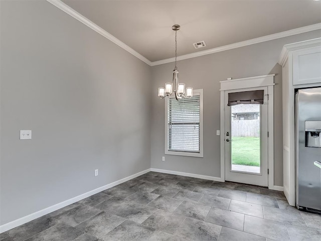 8612 SW 36th Ter, Oklahoma City, OK 73179 - unfurnished dining area featuring crown molding and a chandelier