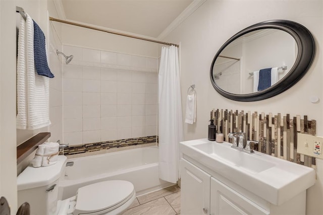 615 NW 26th St, Oklahoma City, OK 73103 - bathroom featuring shower / bath combination with curtain, vanity, marble finish flooring, and crown molding