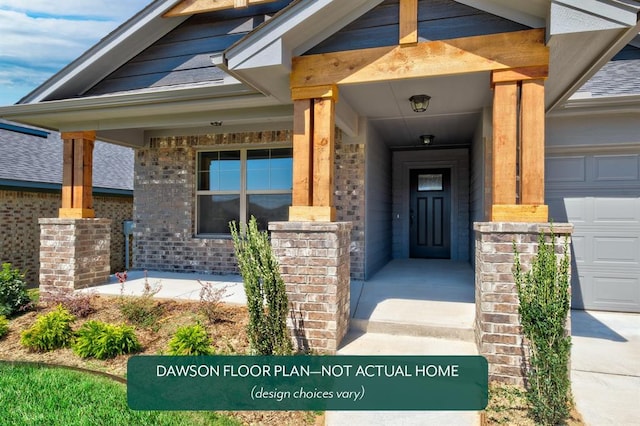 13304 SW 6th Ln, Yukon, OK 73099 - doorway to property featuring covered porch, brick siding, and a garage