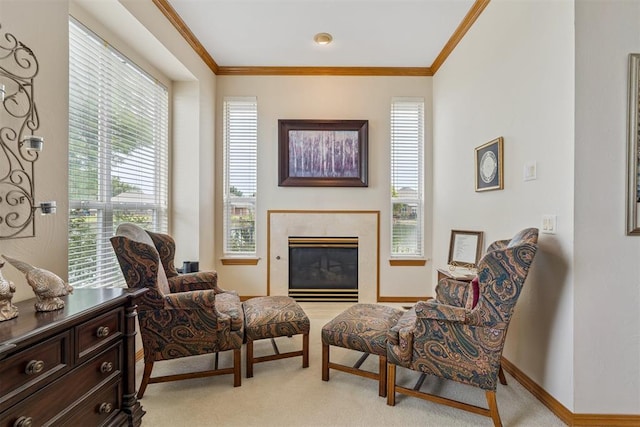8404 NW 65th Pl, Oklahoma City, OK 73132 - living area with light carpet, ornamental molding, and a fireplace