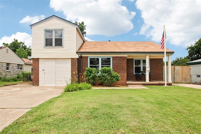 3213 SE 20th St, Del City, OK 73115 - view of front of property featuring brick siding, covered porch, concrete driveway, a garage, and roof with shingles