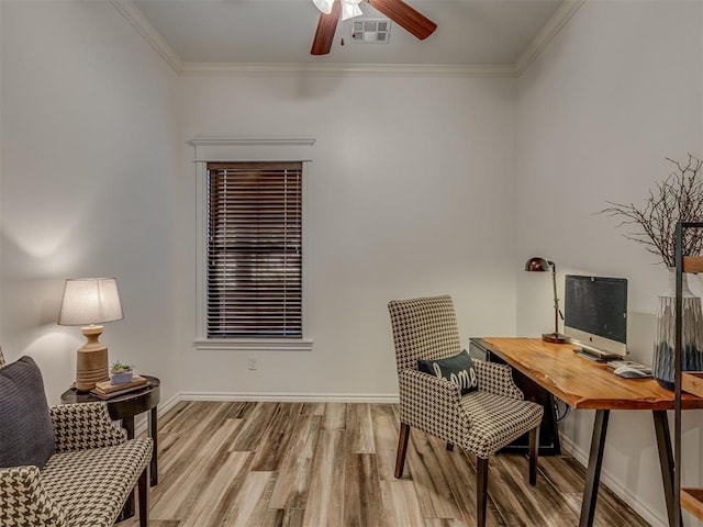 1470 Auburn Cir, Piedmont, OK 73078 - office with wood finished floors, ceiling fan, and crown molding