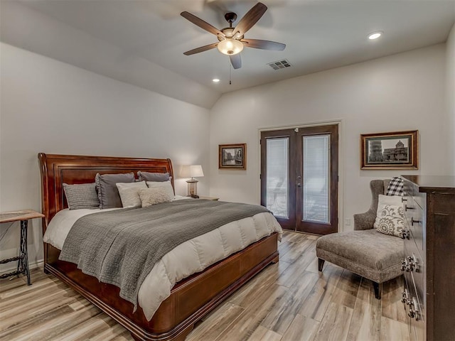 1470 Auburn Cir, Piedmont, OK 73078 - bedroom featuring french doors, access to exterior, light wood-type flooring, vaulted ceiling, and recessed lighting