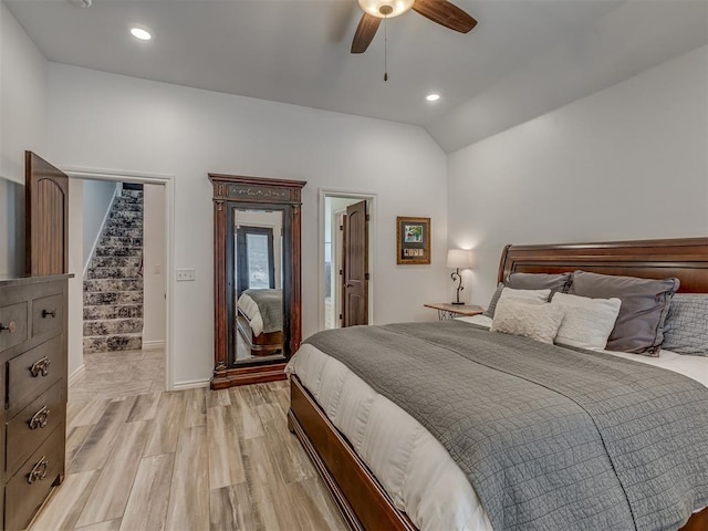 1470 Auburn Cir, Piedmont, OK 73078 - bedroom featuring lofted ceiling, recessed lighting, ceiling fan, and light wood-style floors
