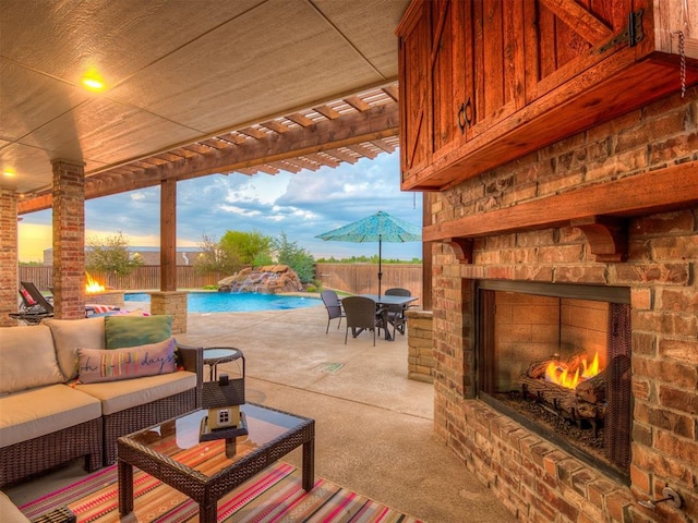 1470 Auburn Cir, Piedmont, OK 73078 - fenced backyard with an outdoor living space with a fireplace and a patio