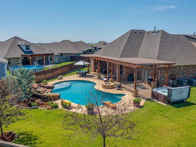 1470 Auburn Cir, Piedmont, OK 73078 - view of pool with a covered hot tub, a pergola, a fenced backyard, a patio, and an outdoor fire pit