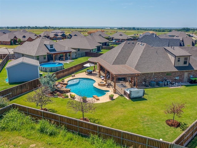 1470 Auburn Cir, Piedmont, OK 73078 - view of swimming pool with a fenced backyard, a hot tub, a residential view, and a patio