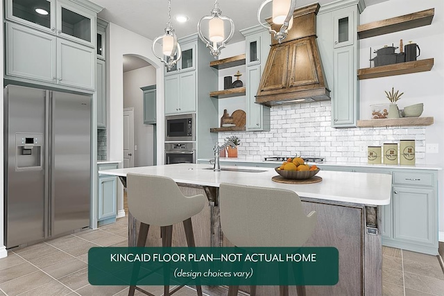 1416 SW 160th St, Moore, OK 73170 - kitchen featuring open shelves, built in appliances, custom exhaust hood, and light countertops