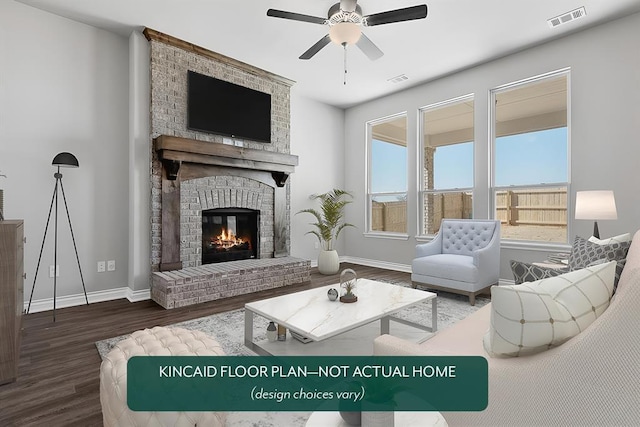 1416 SW 160th St, Moore, OK 73170 - living area featuring wood finished floors, ceiling fan, and a brick fireplace