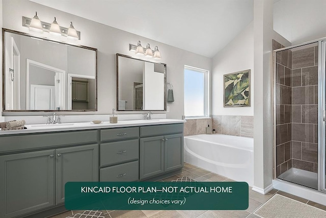 1416 SW 160th St, Moore, OK 73170 - bathroom featuring vaulted ceiling, a shower stall, double vanity, a bath, and tile patterned floors