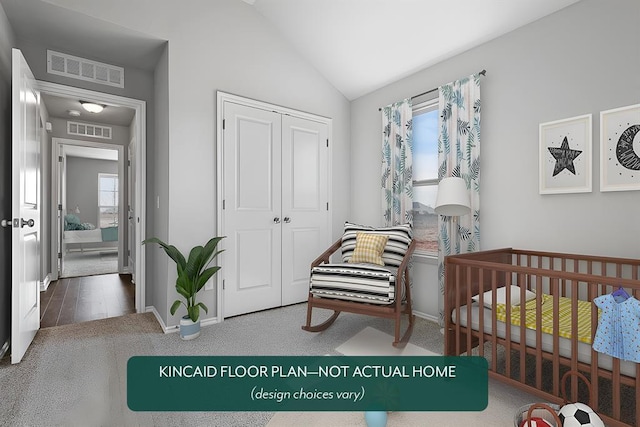 1416 SW 160th St, Moore, OK 73170 - carpeted bedroom featuring vaulted ceiling, a closet, multiple windows, and a crib