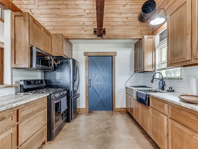 1036 County St Unit 2982, Blanchard, OK 73010 - kitchen featuring stainless steel appliances, concrete floors, tasteful backsplash, light stone countertops, and wooden ceiling