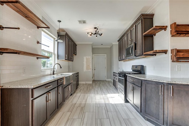 1800 NW 38th St, Oklahoma City, OK 73118 - kitchen with open shelves, appliances with stainless steel finishes, dark brown cabinets, crown molding, and backsplash