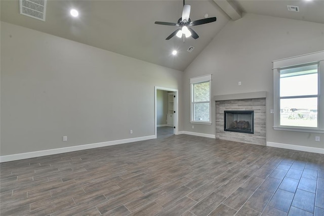 10617 Little Sallisaw Creek Dr, Yukon, OK 73099 - unfurnished living room featuring beamed ceiling, high vaulted ceiling, healthy amount of natural light, a ceiling fan, and dark wood finished floors