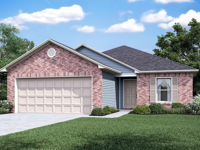 416 Kale Rd, Tuttle, OK 73089 - ranch-style home featuring brick siding, concrete driveway, a front lawn, and a garage