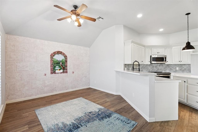 3343 Teton Cir, Norman, OK 73072 - kitchen with stainless steel appliances, ceiling fan, light countertops, lofted ceiling, and dark wood finished floors