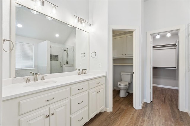 3343 Teton Cir, Norman, OK 73072 - bathroom with a stall shower, double vanity, a spacious closet, wood finished floors, and lofted ceiling