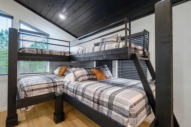 156 Butternut Trl, Broken Bow, OK 74728 - bedroom featuring wood finished floors, lofted ceiling, and wooden ceiling