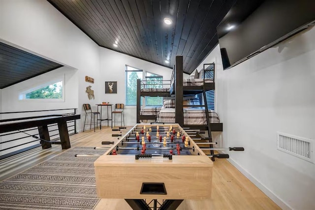 156 Butternut Trl, Broken Bow, OK 74728 - game room with wooden ceiling, wood finished floors, and vaulted ceiling