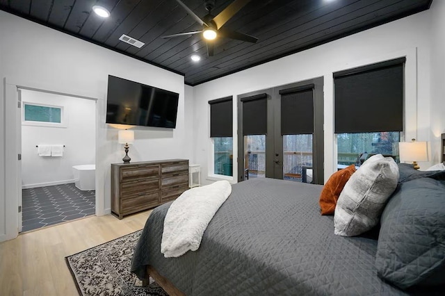 156 Butternut Trl, Broken Bow, OK 74728 - bedroom with wood finished floors, wooden ceiling, recessed lighting, connected bathroom, and ceiling fan