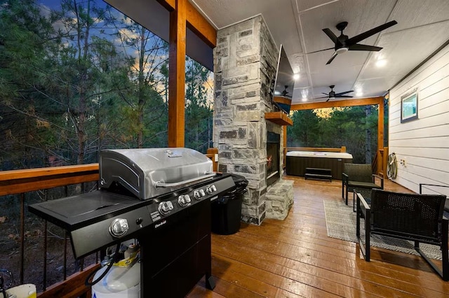 156 Butternut Trl, Broken Bow, OK 74728 - deck featuring grilling area, a hot tub, and ceiling fan