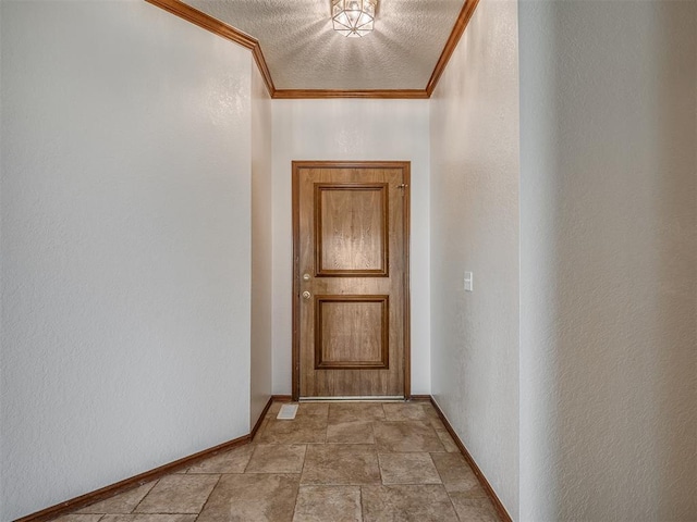 400 Ryan Way, Edmond, OK 73003 - doorway featuring ornamental molding, a textured ceiling, a textured wall, and light stone finish floors