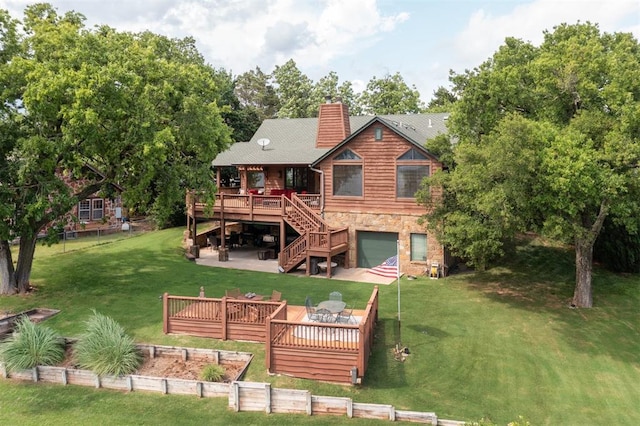 39 E Shore Dr, Arcadia, OK 73007 - rear view of property with a wooden deck, a chimney, stairway, and a yard