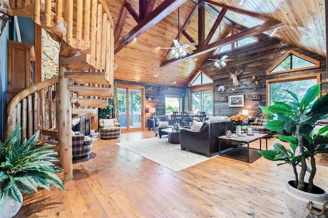 39 E Shore Dr, Arcadia, OK 73007 - living room with high vaulted ceiling, ceiling fan, hardwood / wood-style flooring, a fireplace, and a wood ceiling with exposed beams
