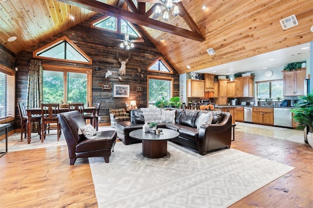 39 E Shore Dr, Arcadia, OK 73007 - living room featuring high vaulted ceiling, light wood-type flooring, a wood ceiling with exposed beams, wood walls, and ceiling fan